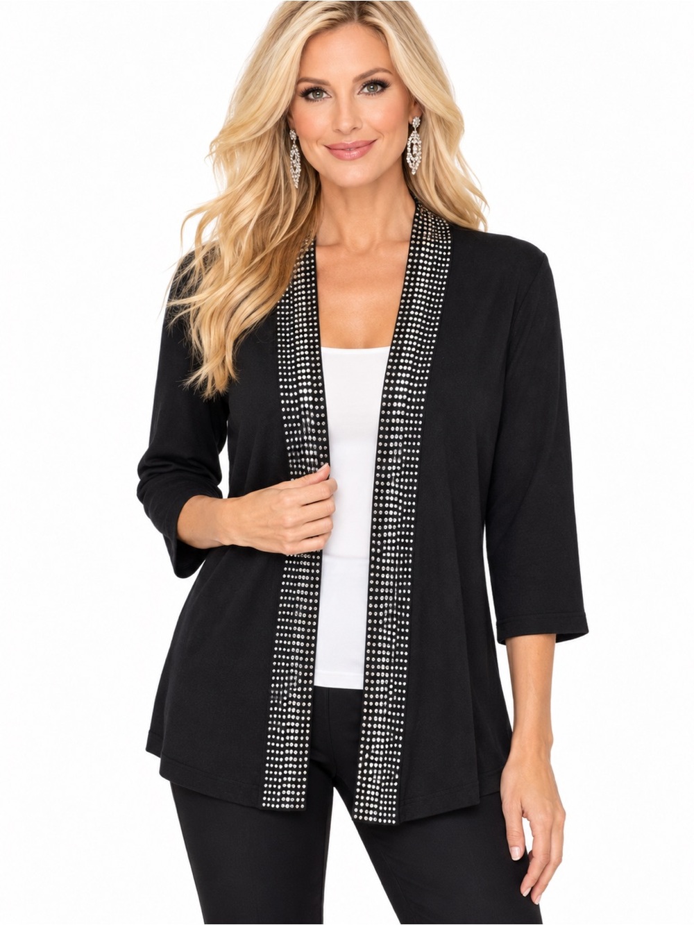 JM Collection Women’s PL Petite Large Black Rhinestone Open Front Cardigan